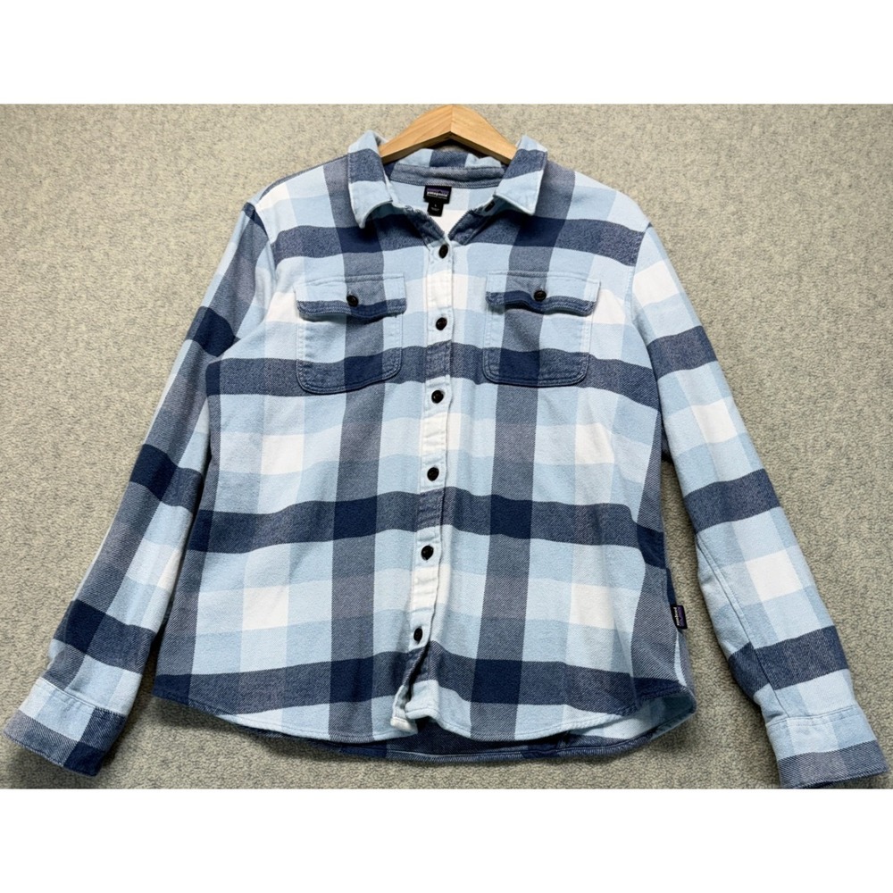Patagonia Womens Fjord Flannel Shirt Woolly Blue Soft Organic Cotton Midweight L